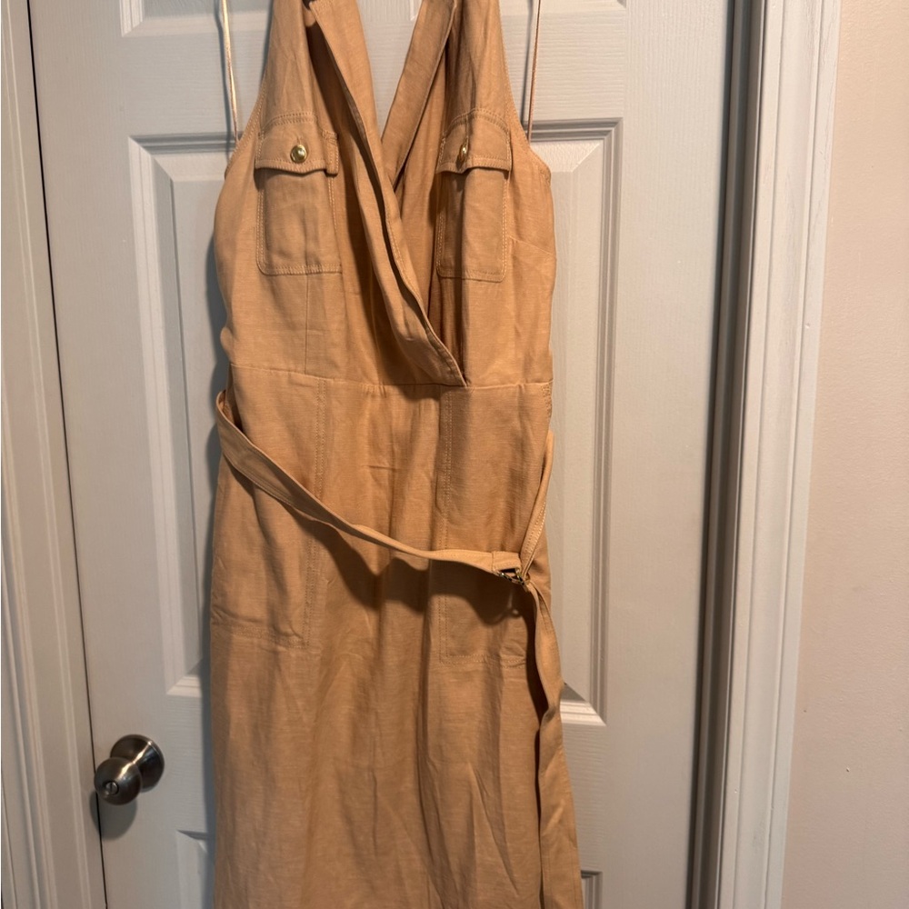 Ann Taylor Backless Tan/Camel Linen-Blend Midi Dress